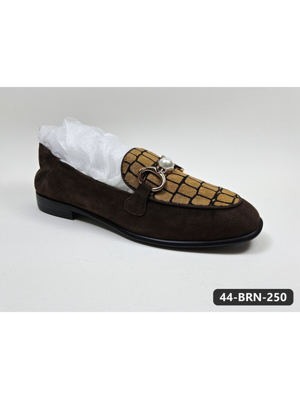 Women's Brown Suede-Finish Loafers with Pearl Horsebit Detail